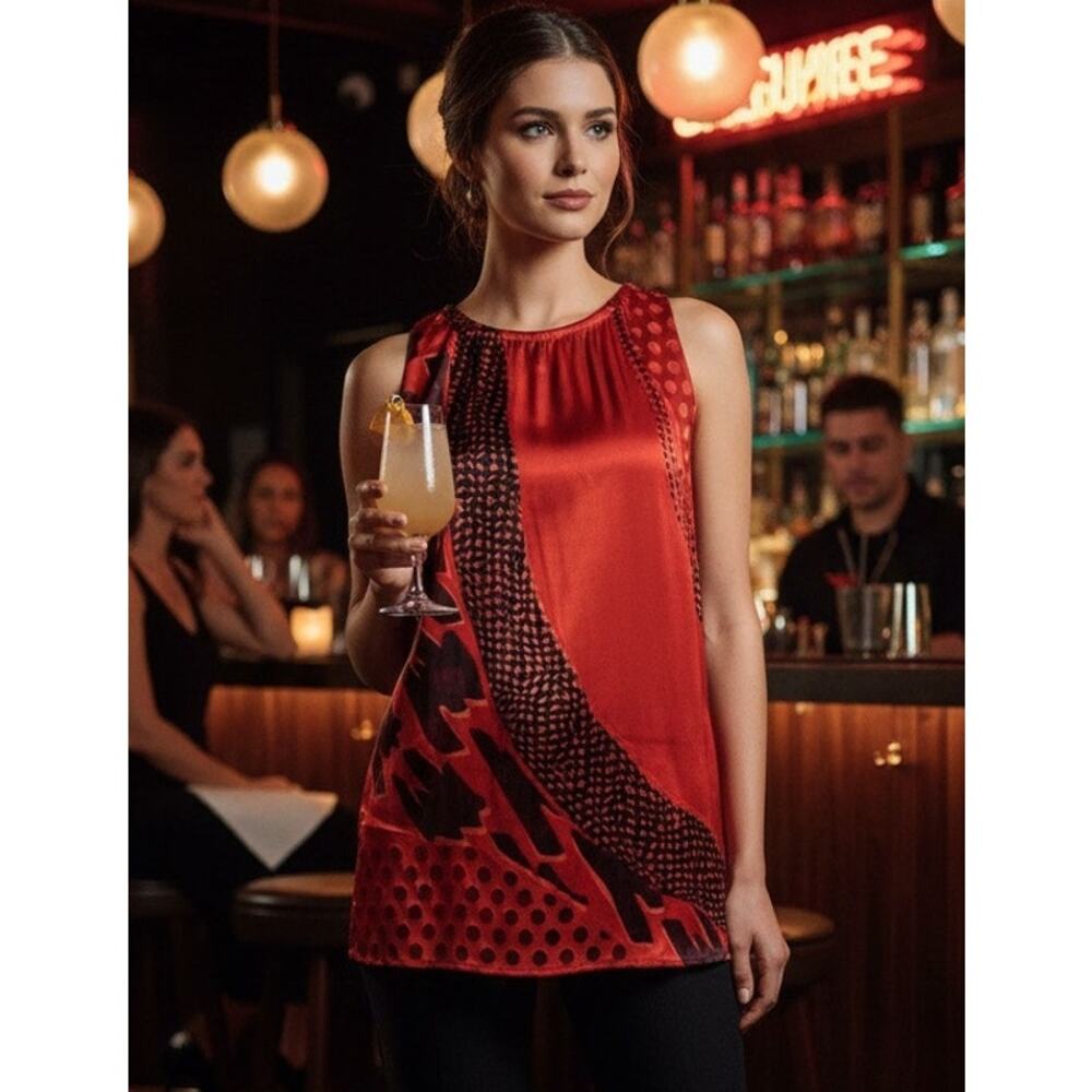 CAbi Red and Black Patchwork Silk Blend Burnout Top